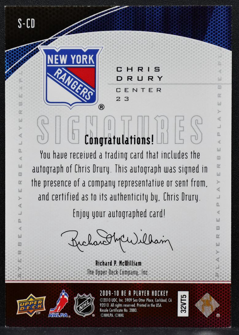 2009-10 Upper Deck Be A Player Signatures Chris Drury New York Rangers Auto 2367