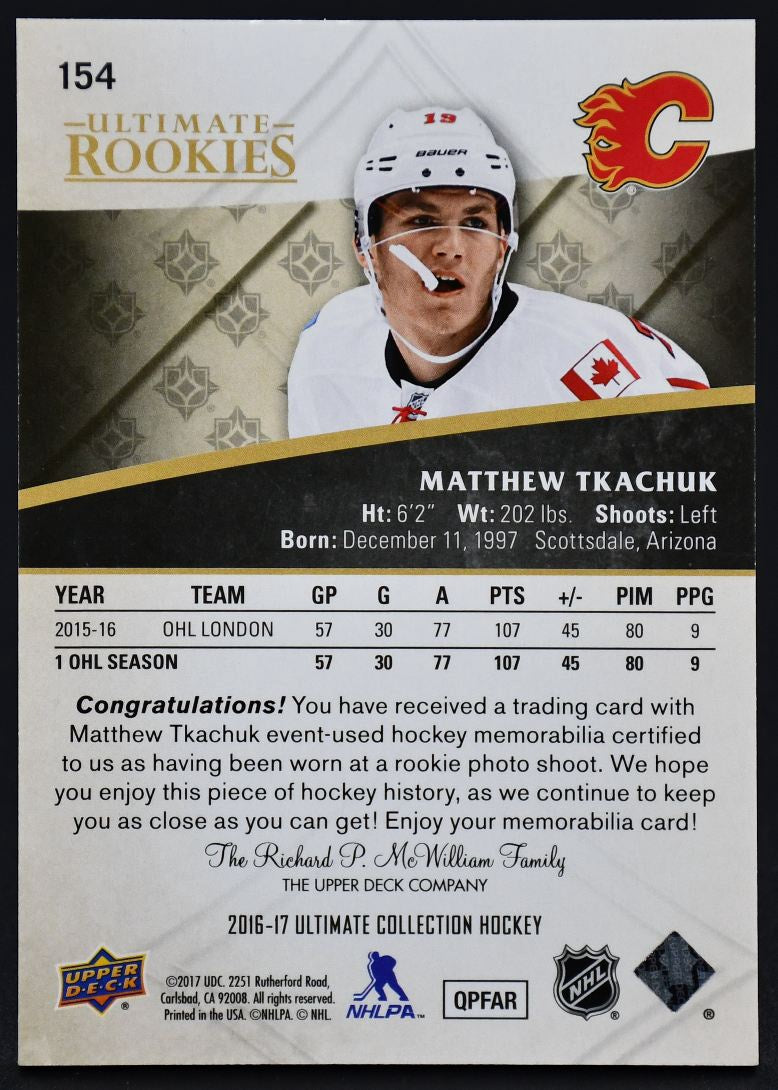 2016-17 UD Ultimate Collection Rc Jersey - silver Tkachuk Calgary Flames RC /249