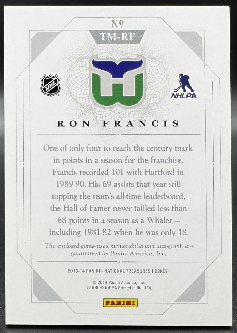 Carte autographe Ron Francis Hartford de la collection Panini National Treasures 2013-14