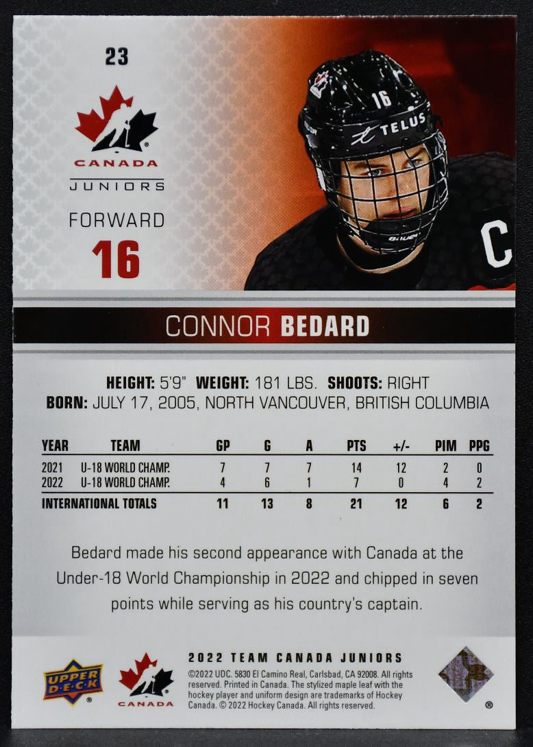 2022-23 Upper Deck Team Canada Juniors Connor Bedard 23 Team Canada 3698