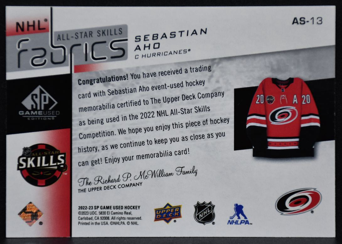 22-23 SP Game Used 22 NHL All-Star Jersey Sebastian Aho AS-13 Hurricanes Jersey 4053