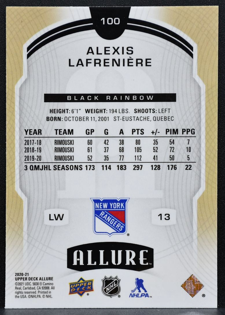 2020-21 UD Allure Rookie Black Rainbow Alexis Lafreniere 100 Rangers RC 8983
