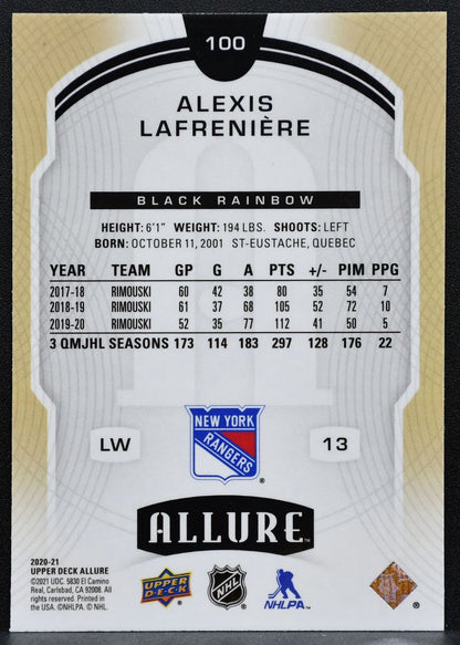 2020-21 UD Allure Rookie Black Rainbow Alexis Lafreniere 100 Rangers RC 8983