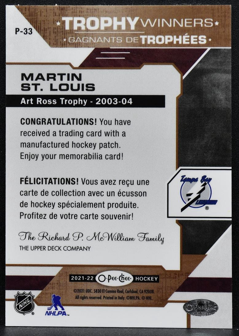 2021-22 O-Pee-Chee Patches Trophy Winners Martin St. Louis P-33 Patch 9316