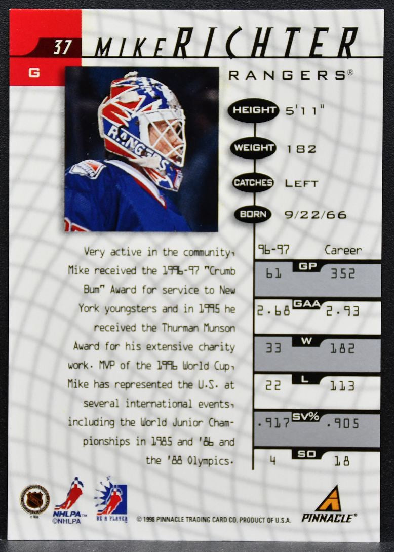 1997-98 Pinnacle Be A Player Auto Mike Richter 37 New York Rangers Auto 0420