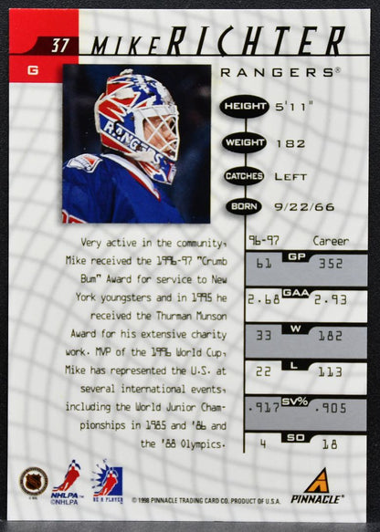 1997-98 Pinnacle Be A Player Auto Mike Richter 37 New York Rangers Auto 0420