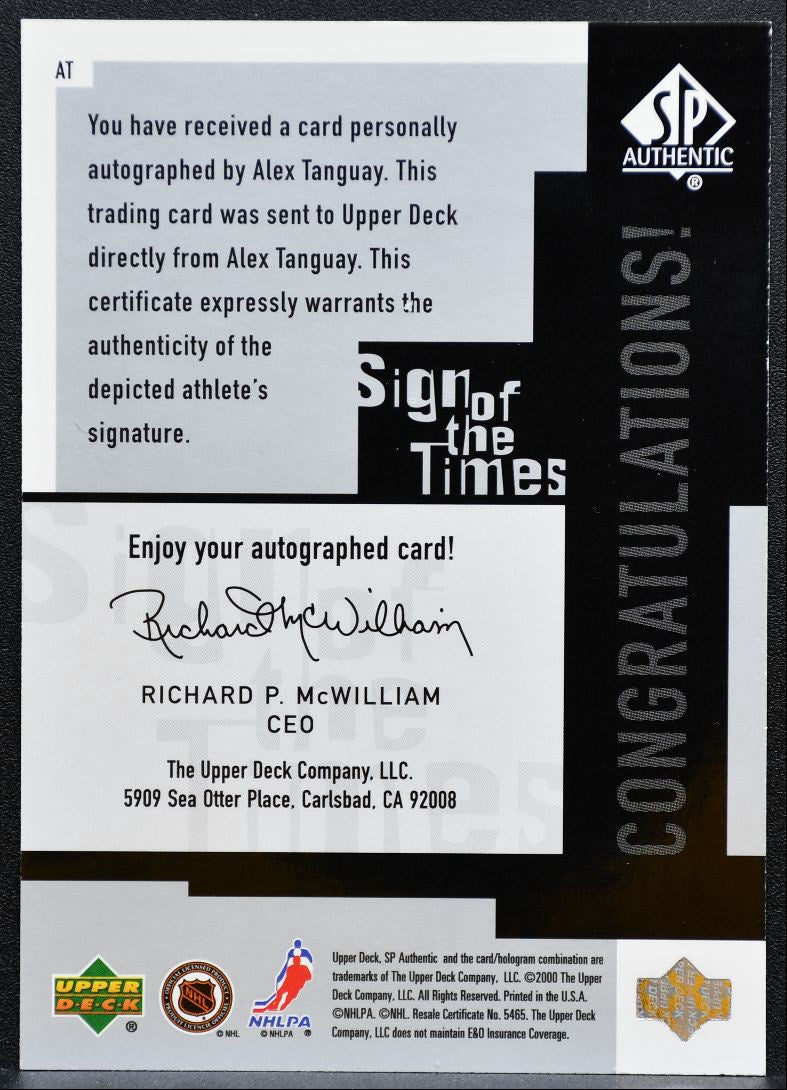 1999-100 SP Authentic Sign of the Times Alex Tanguay Auto 0551