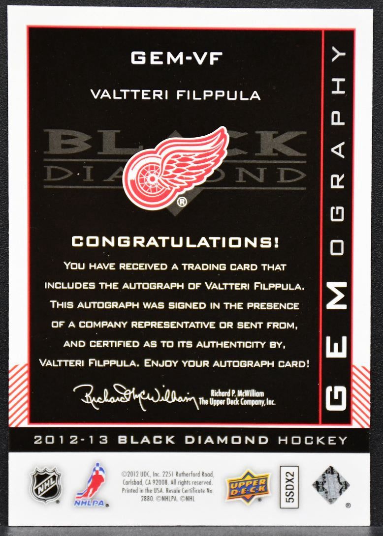 2012-13 UD Black Diamond Valtteri Filppula GEM-VF Detroit Red Wings Auto 4207