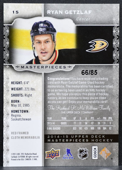 2014-15 UD Masterpieces Memorabilia Framed Red Getzlaf 66/85 Jersey 0776
