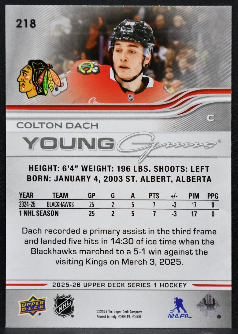 2025-26 Upper Deck Series 1 Young Guns Colton Dach 218 Chicago Blackhawks RC 2219