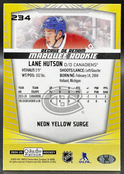 2024-25 O-Pee-Chee Platinum Neon Yellow Surge Lane Hutson Montreal Canadiens RC