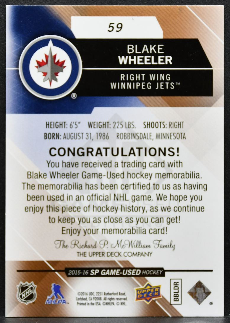 2015-16 SP Game Used Jersey Blake Wheeler 59 Winnipeg Jets Jersey 3233