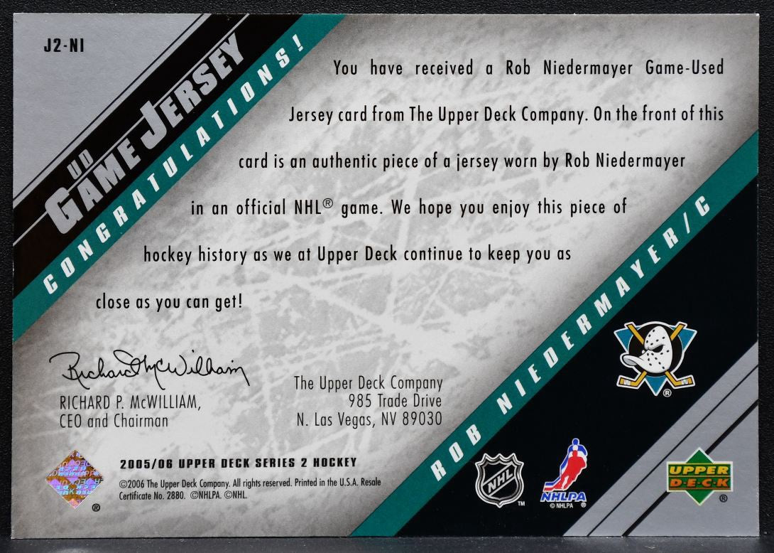 2005-06 UD Series 2 UD Game Jersey Rob Niedermayer Mighty Ducks Jersey 4985