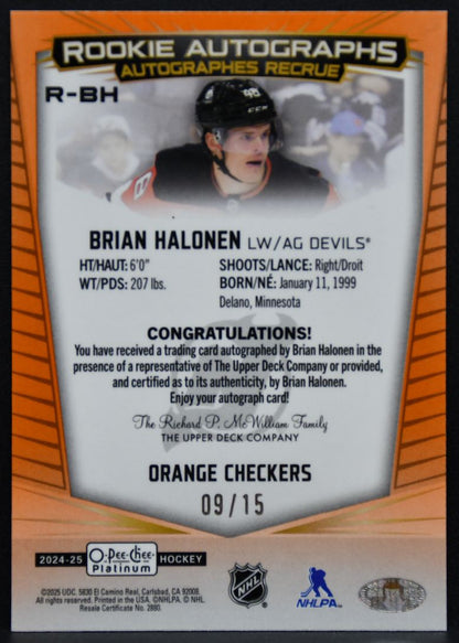 2024-25 OPC Platinum Orange Checkers Halonen R-BH Devils RC Auto 09/15 7075