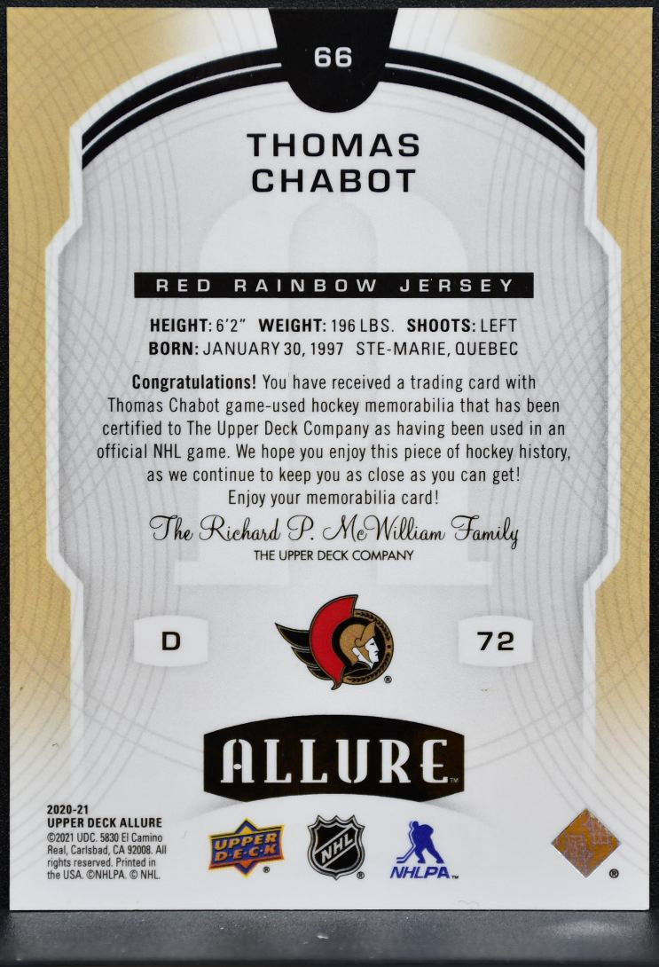2020-21 UD Allure Red Rainbow Jersey Chabot Ottawa Senators Jersey 5358