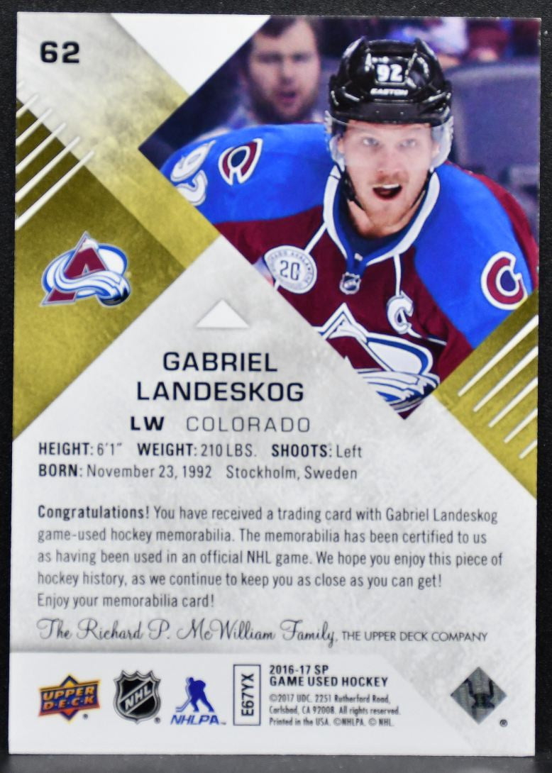2016-17 SP Game Used Jersey Gabriel Landeskog 62 Colorado Avalanche Jersey 5436