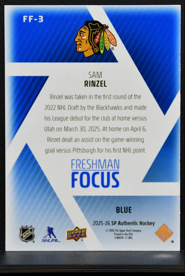 2025-26 SP Authentic Freshman Focus Blue Sam Rinzel Chicago Blackhawks RC 8273