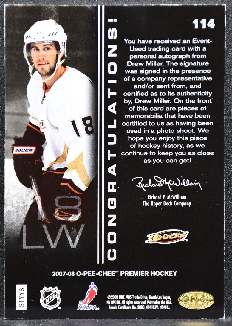 2007-08 O-Pee-Chee Premier Rookies Gold Drew Miller 114 RC Auto Patch 4006