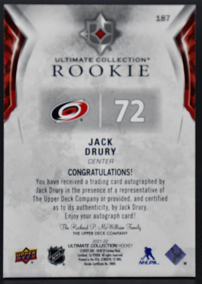 2021-22 UD Ultimate Collection Jack Drury 187 Carolina Hurricanes RC Auto /299