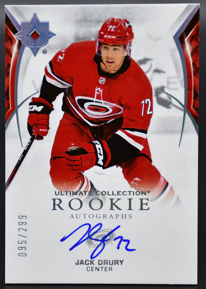 2021-22 UD Ultimate Collection Jack Drury 187 Carolina Hurricanes RC Auto /299