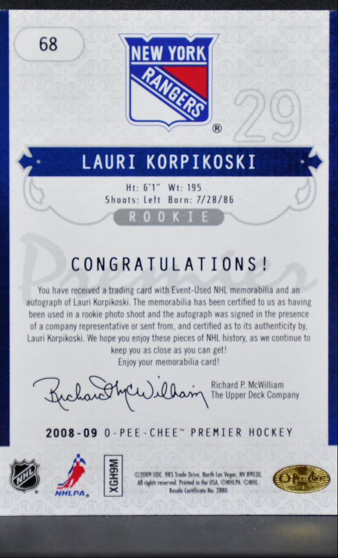 2008-09 OPC Premier Quad Patch Auto Korpikoski RC Auto 185/299 Jersey 9892