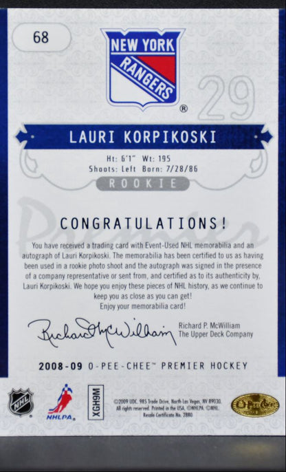 2008-09 OPC Premier Quad Patch Auto Korpikoski RC Auto 185/299 Jersey 9892
