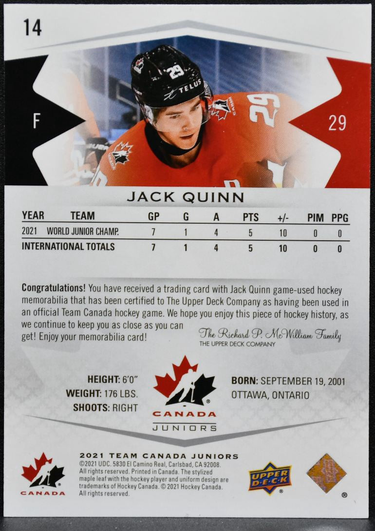 2021-22 UD Team Canada Junior Jersey Jack Quinn 14 Jersey 5365
