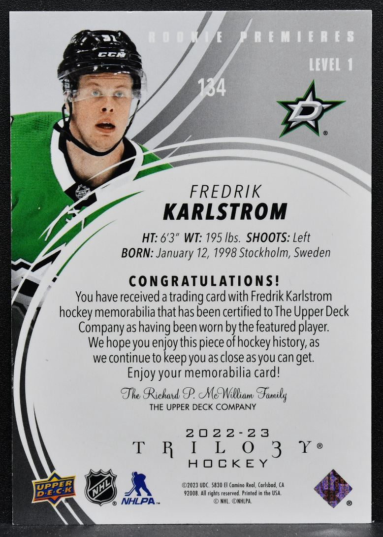 2022-23 UD Trilogy Black Foil Memorabilia Fredrik Karlstrom Stars Jersey 3864