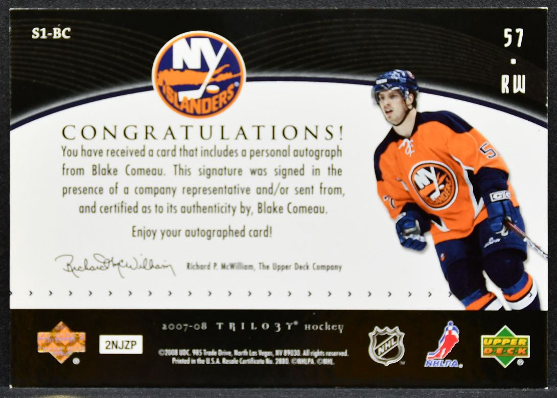 2007-08 UD Trilogy Script One Young Stars Blake Comeau Islanders RC Auto 2427