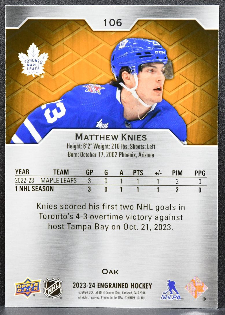 2023-24 UD Engrained Rookie Oak Matthew Knies Maple Leafs RC 283/399 5930