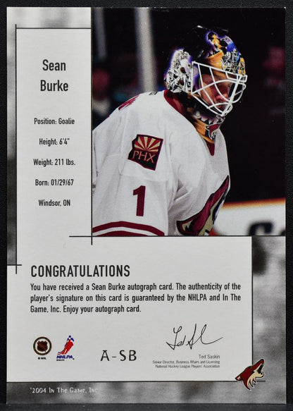 2003-04 In The Game Used Signature Series Sean Burke Phoenix Coyotes Auto 1230