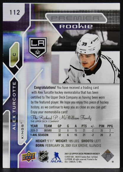 2021-22 Upper Deck Premier Rookie Jersey Alex Turcotte 112 Kings RC Jersey 3824