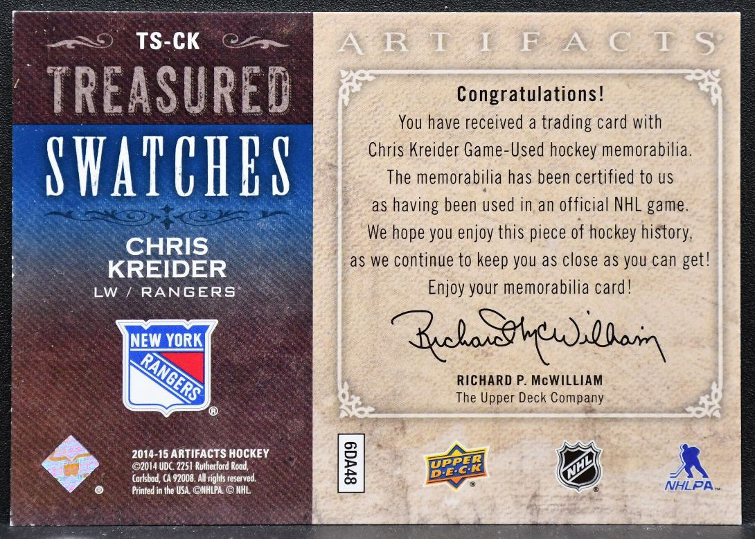 2014-15 UD Artifacts Treasured Swatches Jerseys Blue Chris Kreider Jersey 3117