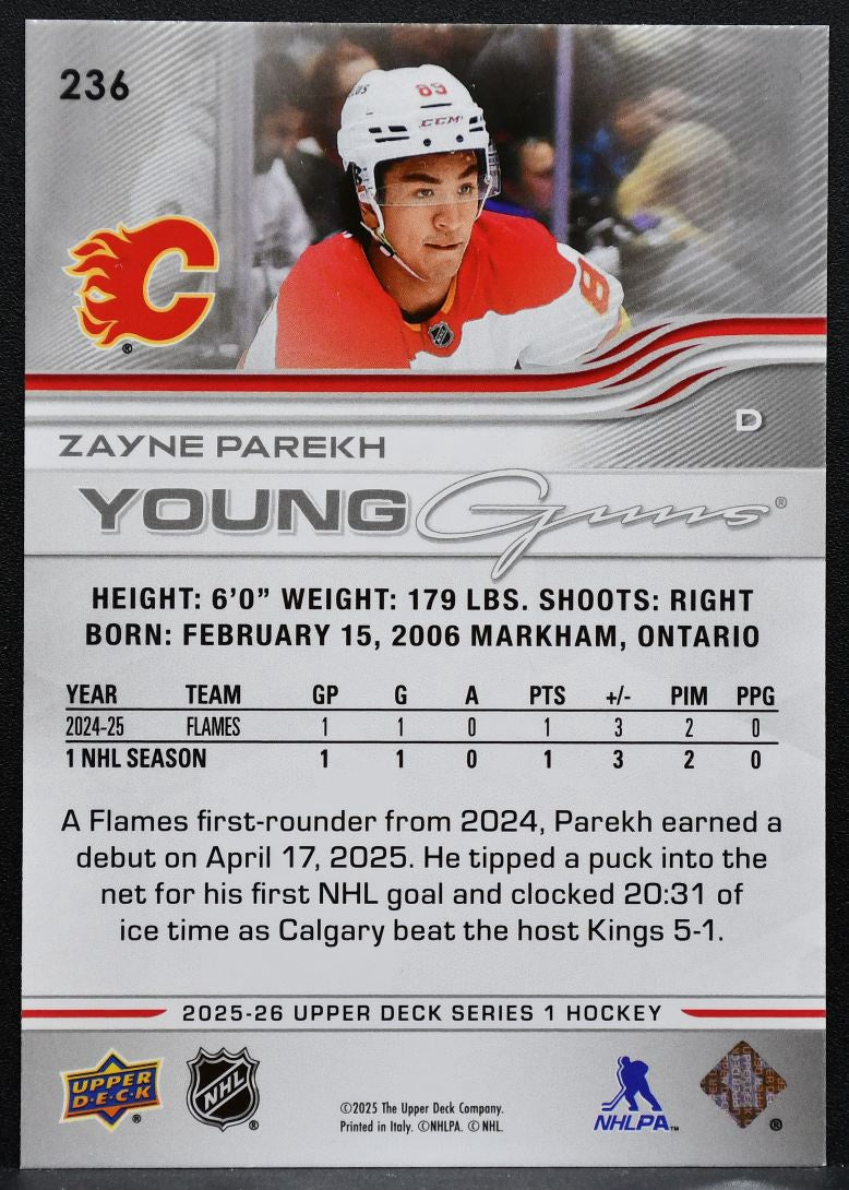 2025-26 Upper Deck Series 1 Young Guns Zayne Parekh 236 Calgary Flames RC 1853