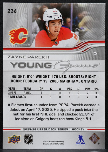 2025-26 Upper Deck Series 1 Young Guns Zayne Parekh 236 Calgary Flames RC 1853