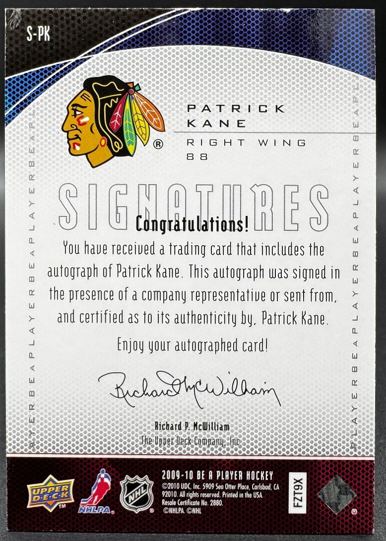 Carte autographiée Patrick Kane S-PK des Blackhawks de Chicago, collection « Be A Player » UD 2009-10