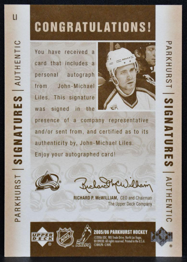 2005-06 Parkhurst Signature John-Michael Liles LI Colorado Avalanche Auto 7686