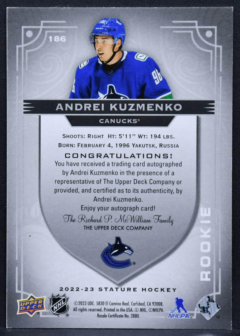 22-23 UD Stature Rookie Autographs Andrei Kuzmenko Canucks RC Auto /199 4870