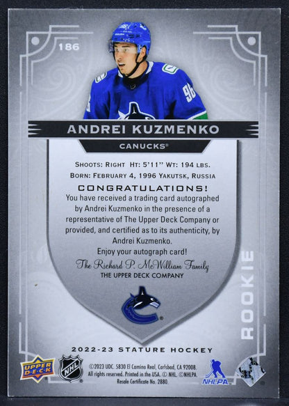 22-23 UD Stature Rookie Autographs Andrei Kuzmenko Canucks RC Auto /199 4870