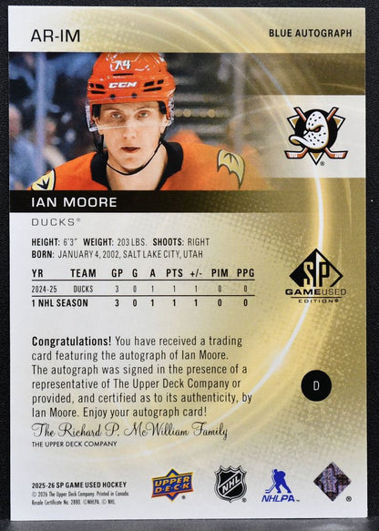 2025-26 SP Game Used Authentic Rookies Blue Auto Ian Moore Ducks RC Auto 6958