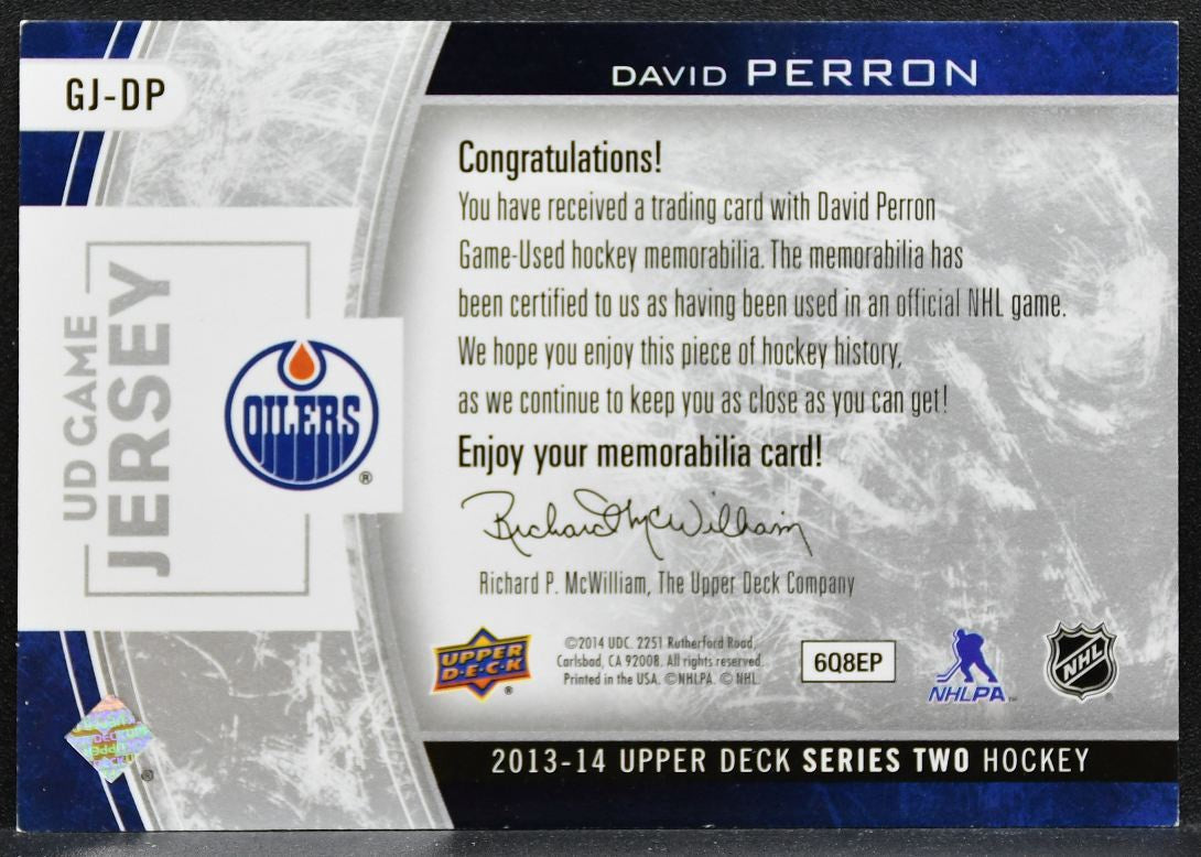 2013-14 UD Series 2 UD Game Jerseys David Perron GJ-DP Oilers Jersey 9486