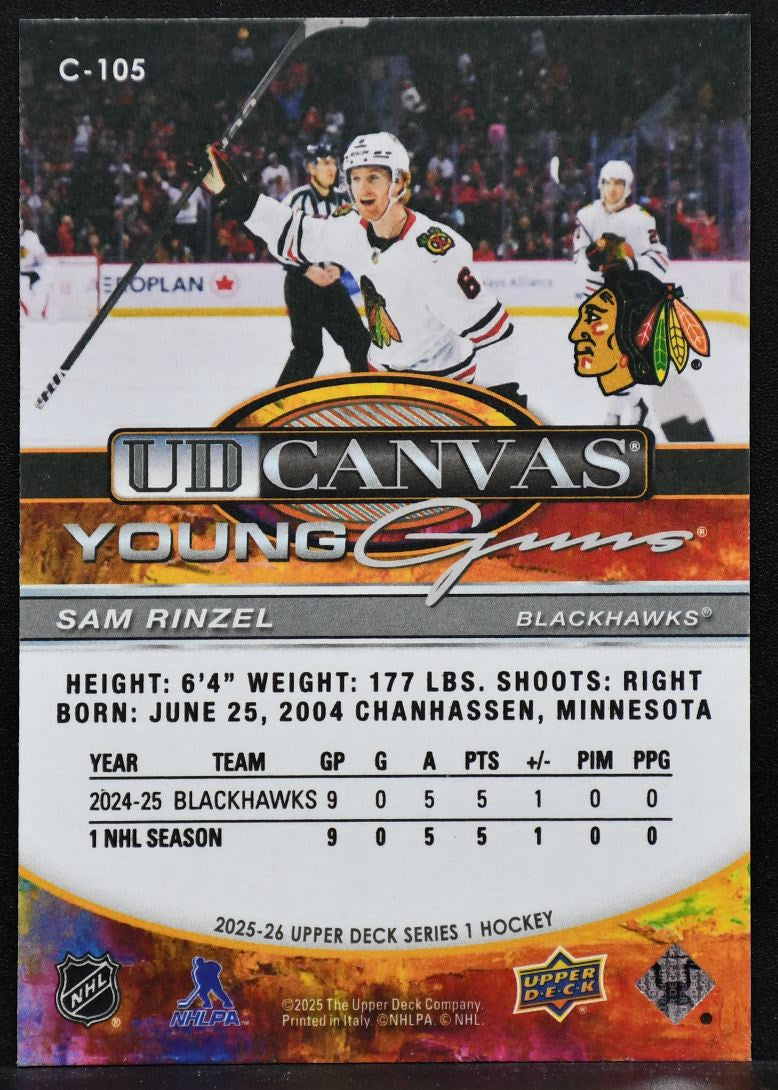 2025-26 UD Series 1 Young Guns UD Canvas Sam Rinzel C-105 Chicago Blackhawks RC