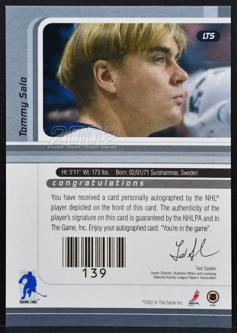 2001-02 Be a Player Signature Series Autographs Tommy Salo LTS Oilers Auto 9215