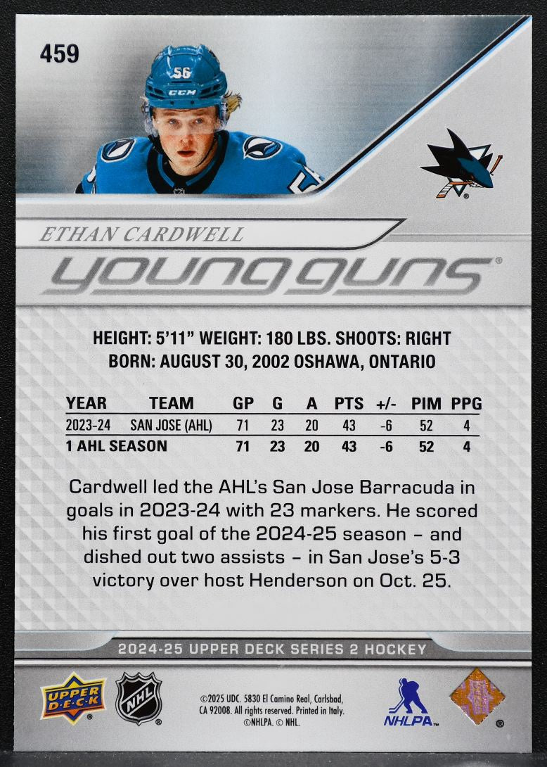2024-25 Upper Deck Series 2 Young Guns Ethan Cardwell 459 Sharks RC 2911