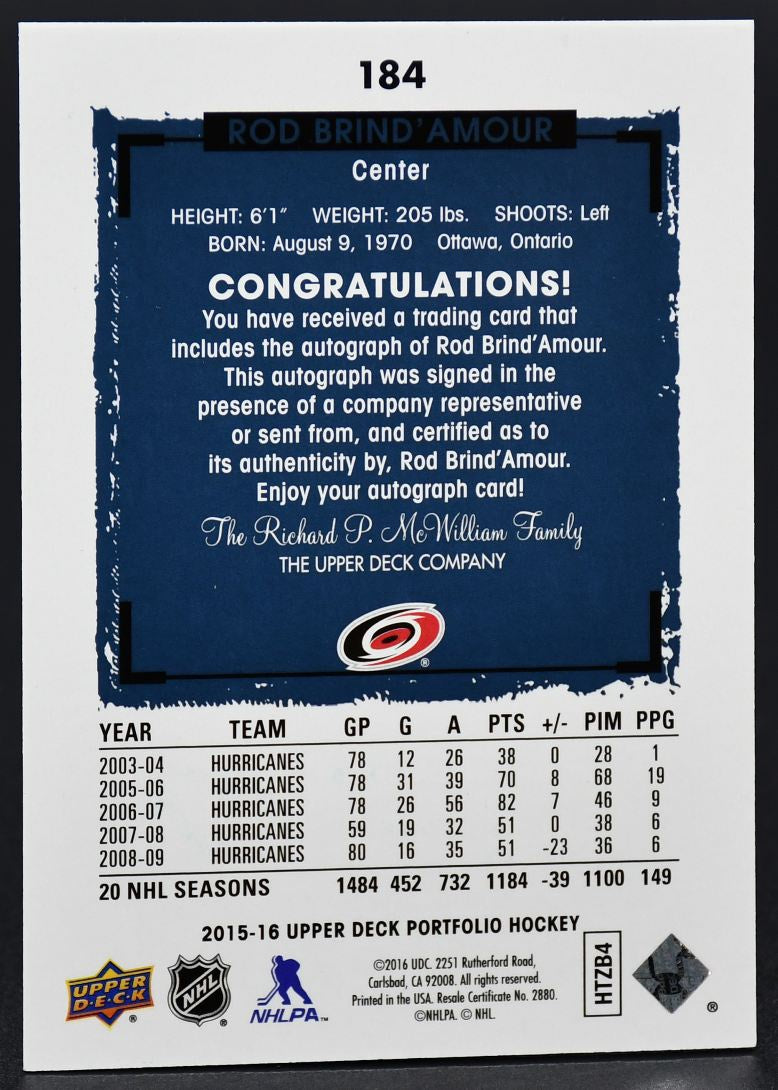 Autographes de Rod Brind'Amour (n° 184) des Hurricanes de la Caroline, collection UD Portfolio 2015-2016
