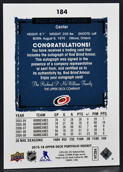 Autographes de Rod Brind'Amour (n° 184) des Hurricanes de la Caroline, collection UD Portfolio 2015-2016