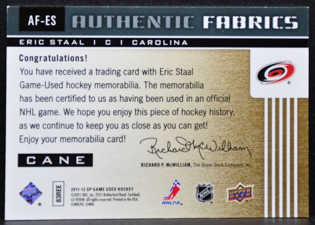 2011-12 SP Game Used Authentic Fabrics Eric Staal AF-ES Hurricanes Jersey 5313