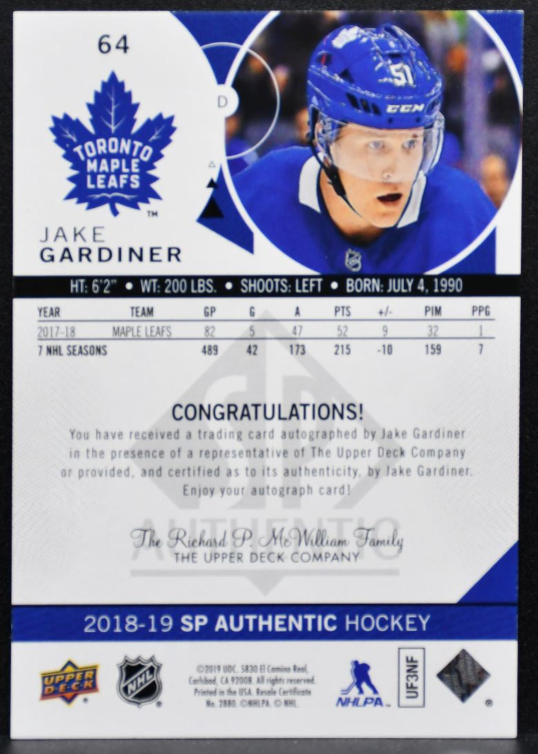2018-19 SP Authentic Limited Auto Jake Gardiner 64 Toronto Maple Leafs Auto 3876