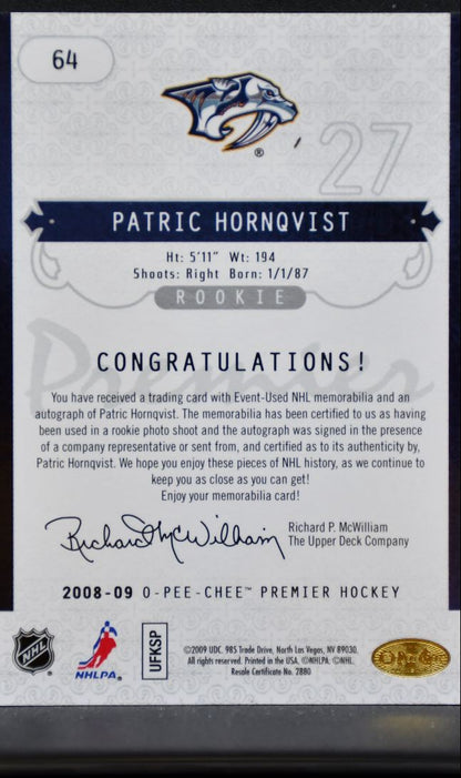 2008-09 O-Pee-Chee Premier Rookie Auto Hornqvist RC Auto 005/299 Jersey 6750