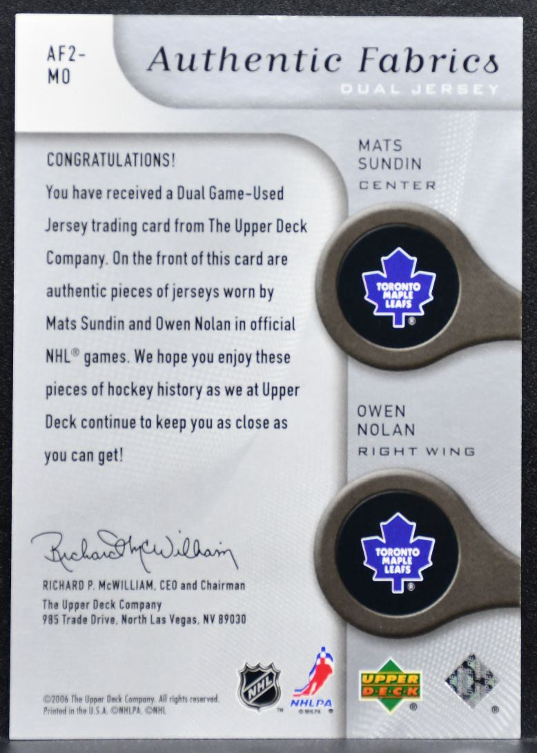 2005-06 SP Game Used Authentic Fabrics Dual Sundin/Nolan 018/100 Jersey 4675